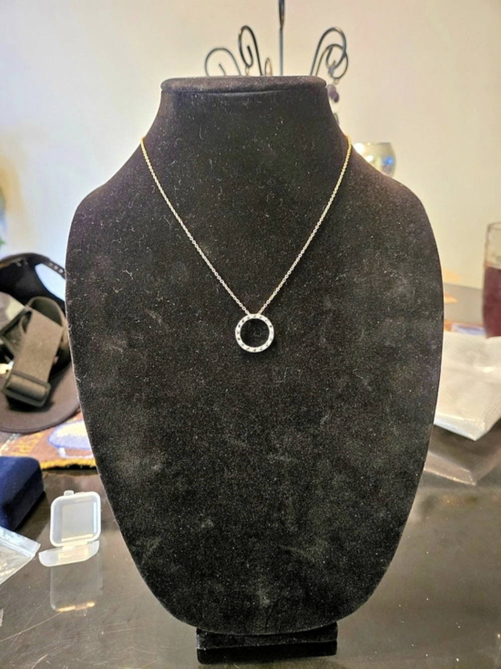 Gold Tone Blue Sapphire Clear CZ Circle Pendant Necklace 18 Inch